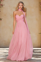 Load image into Gallery viewer, Pink Neck Scarf Sweetheart Long A Line Prom Dress