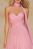 Load image into Gallery viewer, Pink Neck Scarf Sweetheart Long A Line Prom Dress