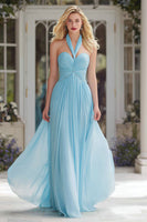 Load image into Gallery viewer, Sparkly Sky Blue Halter Neck A Line Long Prom Dress