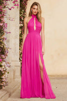 Load image into Gallery viewer, Fuchsia Halter A Line Ruched Long Prom Dress with Slit