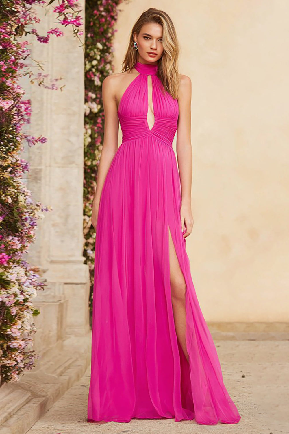 Fuchsia Halter A Line Ruched Long Prom Dress with Slit