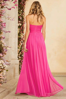 Fuchsia Halter A Line Ruched Long Prom Dress with Slit