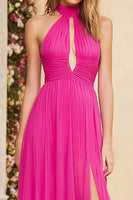 Load image into Gallery viewer, Fuchsia Halter A Line Ruched Long Prom Dress with Slit