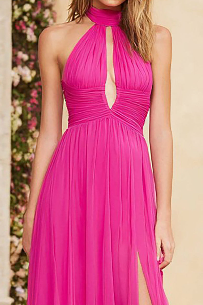 Load image into Gallery viewer, Fuchsia Halter A Line Ruched Long Prom Dress with Slit