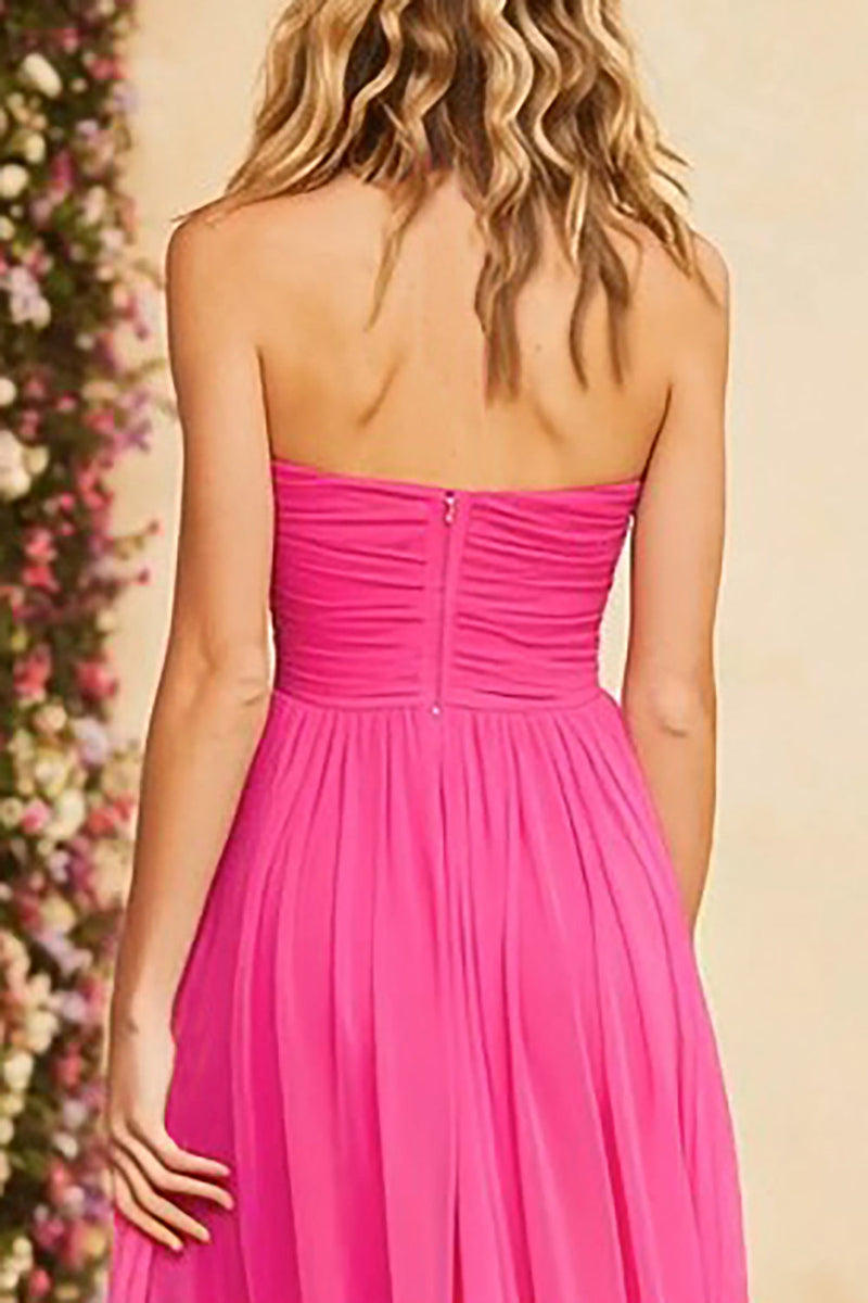 Load image into Gallery viewer, Fuchsia Halter A Line Ruched Long Prom Dress with Slit