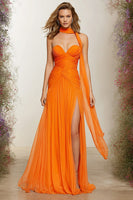 Load image into Gallery viewer, Orange Ruched Sweetheart Neck Scarf A Line Long Prom Dress