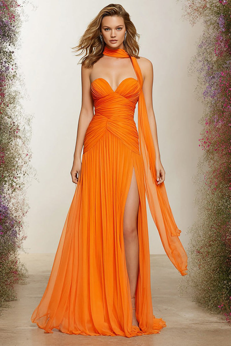 Load image into Gallery viewer, Orange Ruched Sweetheart Neck Scarf A Line Long Prom Dress