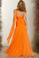 Load image into Gallery viewer, Orange Ruched Sweetheart Neck Scarf A Line Long Prom Dress
