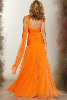 Orange Ruched Sweetheart Neck Scarf A Line Long Prom Dress