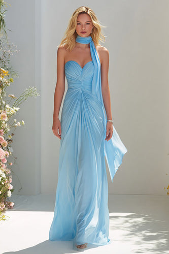 Sky Blue A Line Ruched Neck Scarf Sweetheart Long Prom Dress