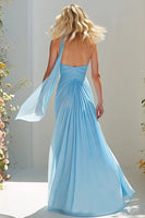 Load image into Gallery viewer, Sky Blue A Line Ruched Neck Scarf Sweetheart Long Prom Dress