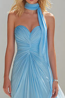 Load image into Gallery viewer, Sky Blue A Line Ruched Neck Scarf Sweetheart Long Prom Dress