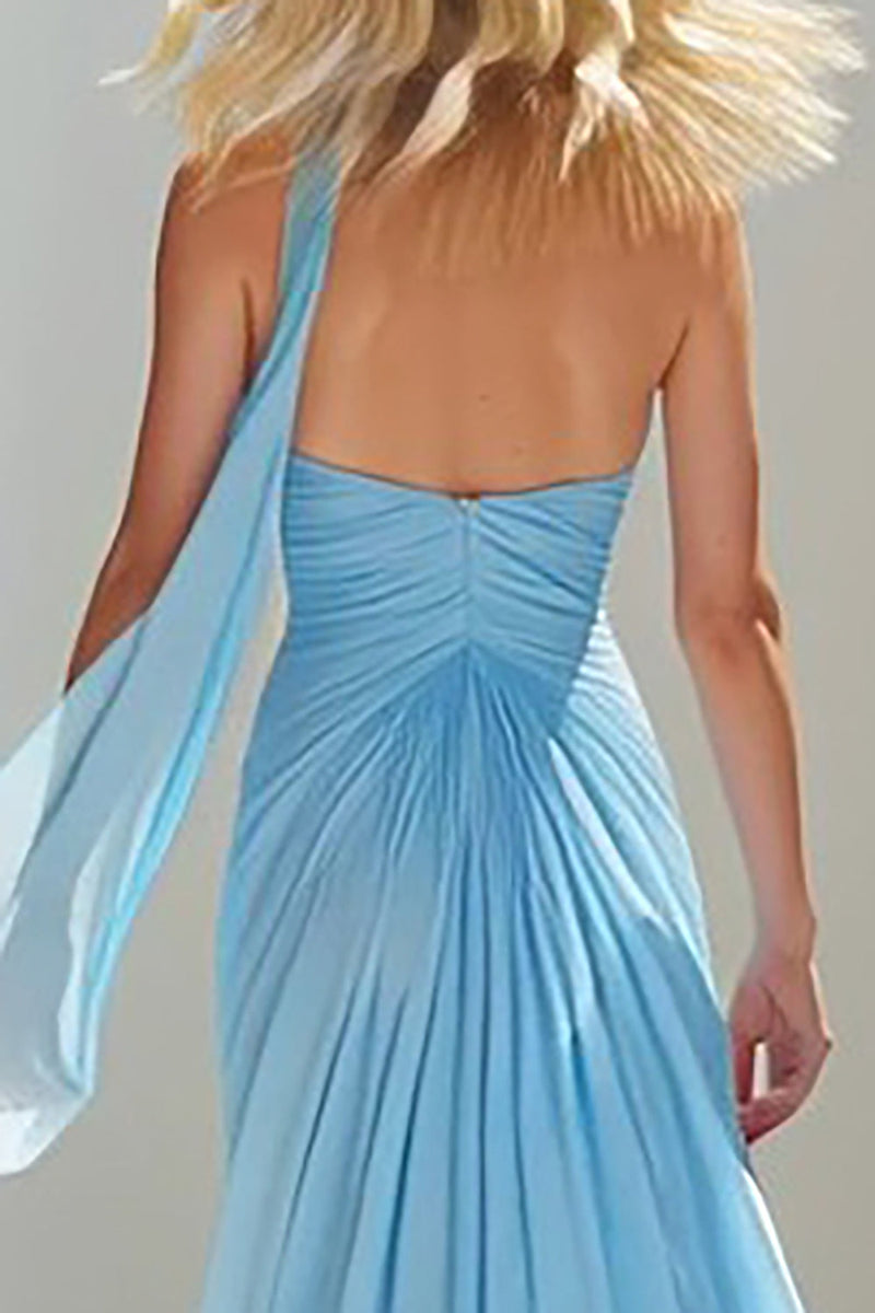 Load image into Gallery viewer, Sky Blue A Line Ruched Neck Scarf Sweetheart Long Prom Dress