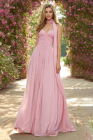 Load image into Gallery viewer, Pink A Line Neck Scarf Sweetheart Ruched Long Prom Dress