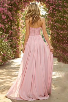 Pink A Line Neck Scarf Sweetheart Ruched Long Prom Dress
