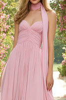 Load image into Gallery viewer, Pink A Line Neck Scarf Sweetheart Ruched Long Prom Dress