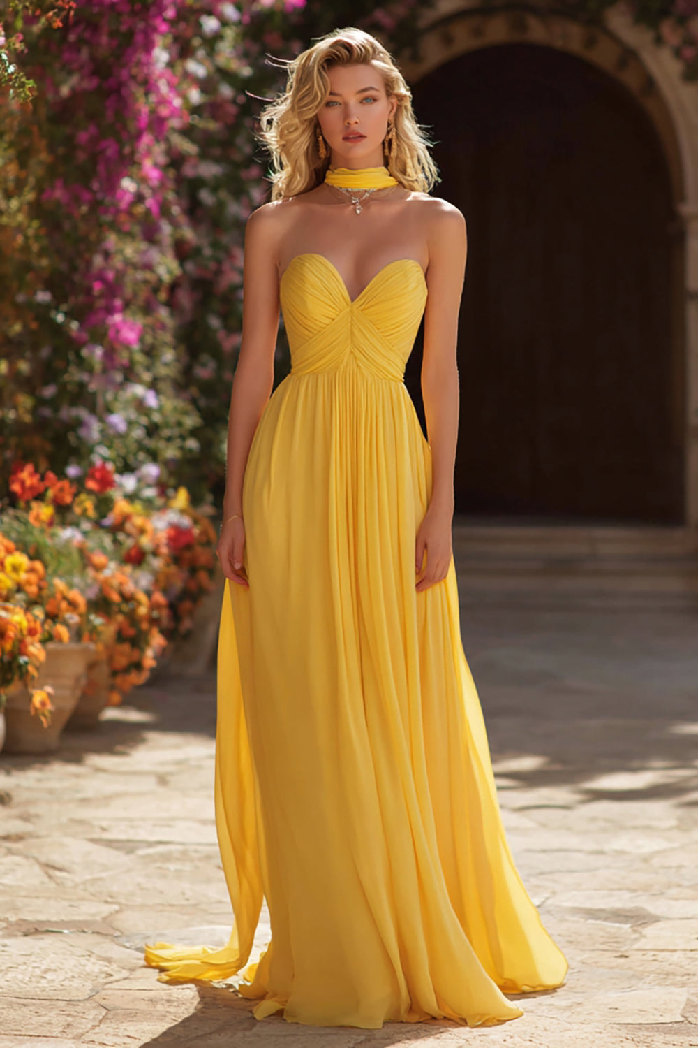 Yellow Sweetheart A-Line Neck Scarf Long Prom Dress