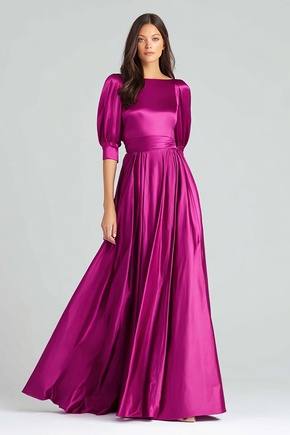 Fuchsia Bateau Neck A-Line Long Evening Dress with Sleeves