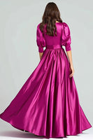 Load image into Gallery viewer, Fuchsia Bateau Neck A-Line Long Evening Dress with Sleeves