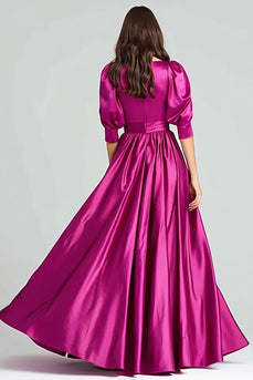 Fuchsia Bateau Neck A-Line Long Evening Dress with Sleeves
