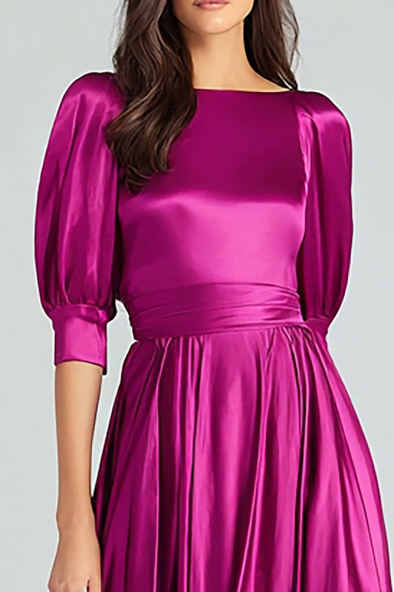 Load image into Gallery viewer, Fuchsia Bateau Neck A-Line Long Evening Dress with Sleeves