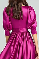 Load image into Gallery viewer, Fuchsia Bateau Neck A-Line Long Evening Dress with Sleeves