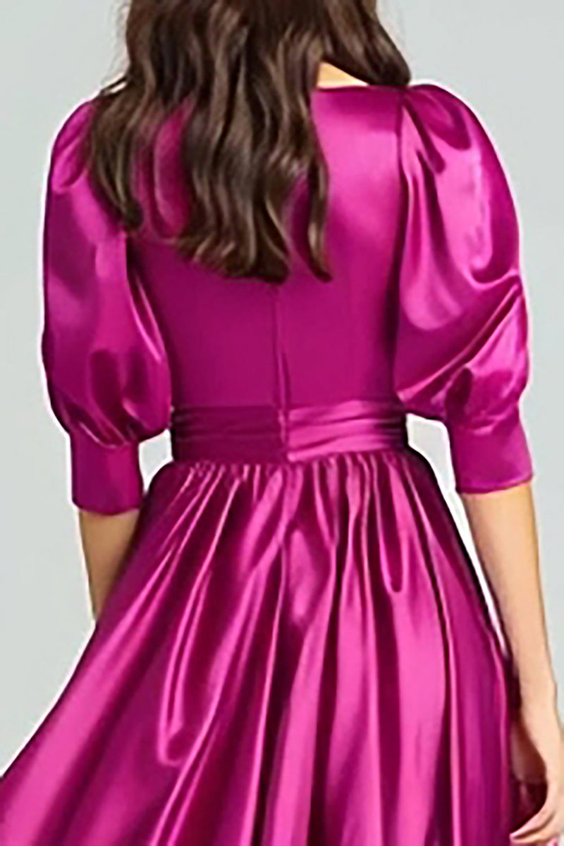 Load image into Gallery viewer, Fuchsia Bateau Neck A-Line Long Evening Dress with Sleeves