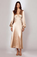 Load image into Gallery viewer, Champagne Sheath V-Neck Satin Long Sleeves Evening Dress