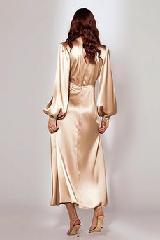 Champagne Sheath V-Neck Satin Long Sleeves Evening Dress
