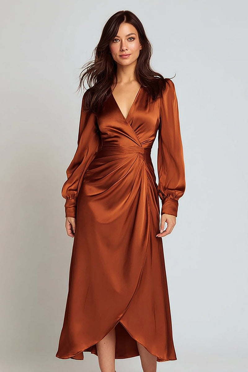 Load image into Gallery viewer, Rust V-Neck Ruched Satin Midi Work Dress with Sleeves