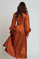 Load image into Gallery viewer, Rust V-Neck Ruched Satin Midi Work Dress with Sleeves