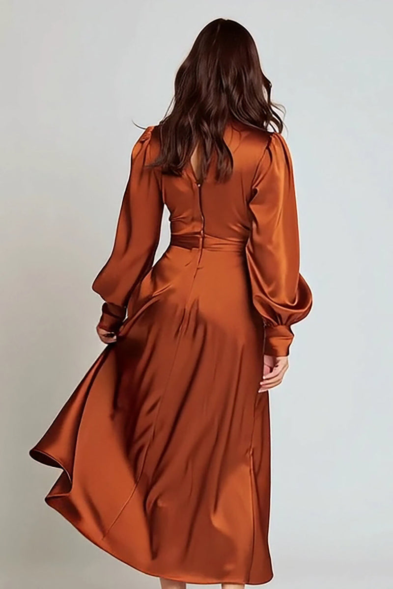 Load image into Gallery viewer, Rust V-Neck Ruched Satin Midi Work Dress with Sleeves