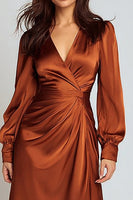 Load image into Gallery viewer, Rust V-Neck Ruched Satin Midi Work Dress with Sleeves