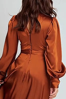 Load image into Gallery viewer, Rust V-Neck Ruched Satin Midi Work Dress with Sleeves