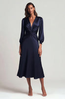 Load image into Gallery viewer, Navy V-Neck Backless Satin Ruched Midi Work Dress with Sleeves