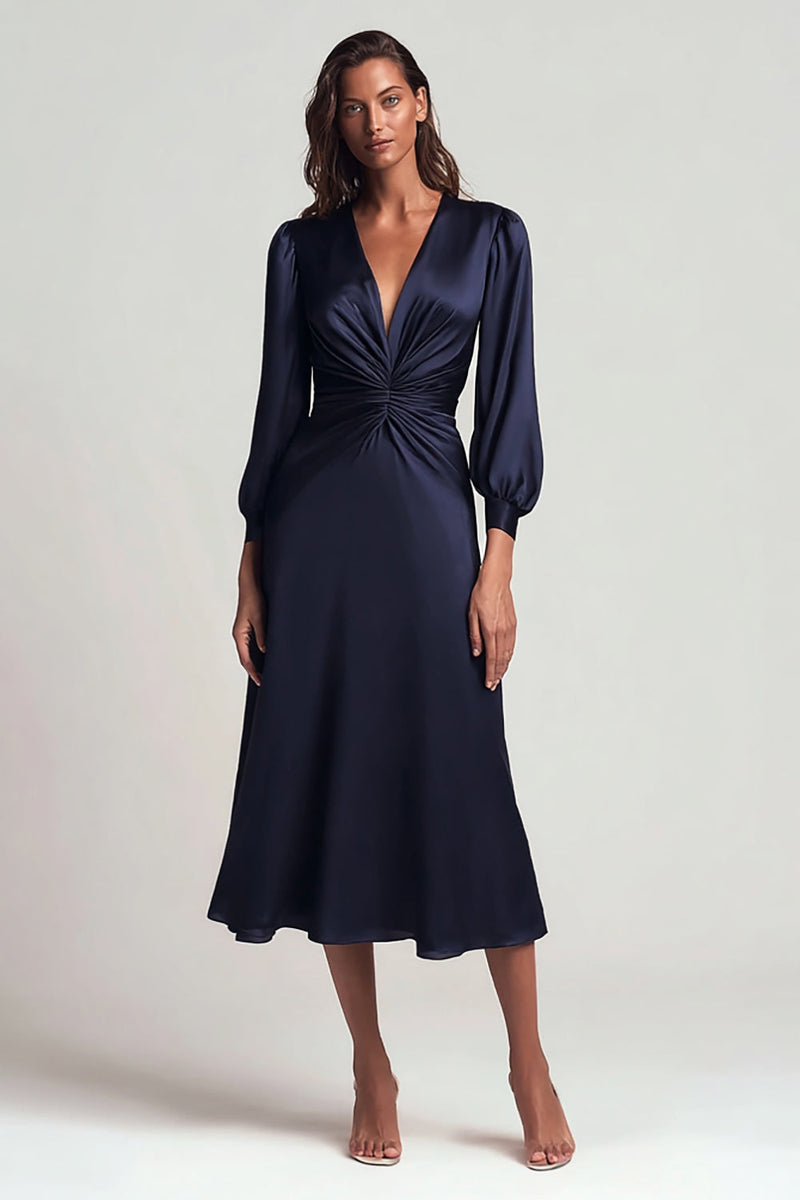 Load image into Gallery viewer, Navy V-Neck Backless Satin Ruched Midi Work Dress with Sleeves