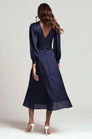 Load image into Gallery viewer, Navy V-Neck Backless Satin Ruched Midi Work Dress with Sleeves