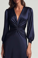 Load image into Gallery viewer, Navy V-Neck Backless Satin Ruched Midi Work Dress with Sleeves