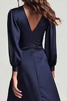 Load image into Gallery viewer, Navy V-Neck Backless Satin Ruched Midi Work Dress with Sleeves