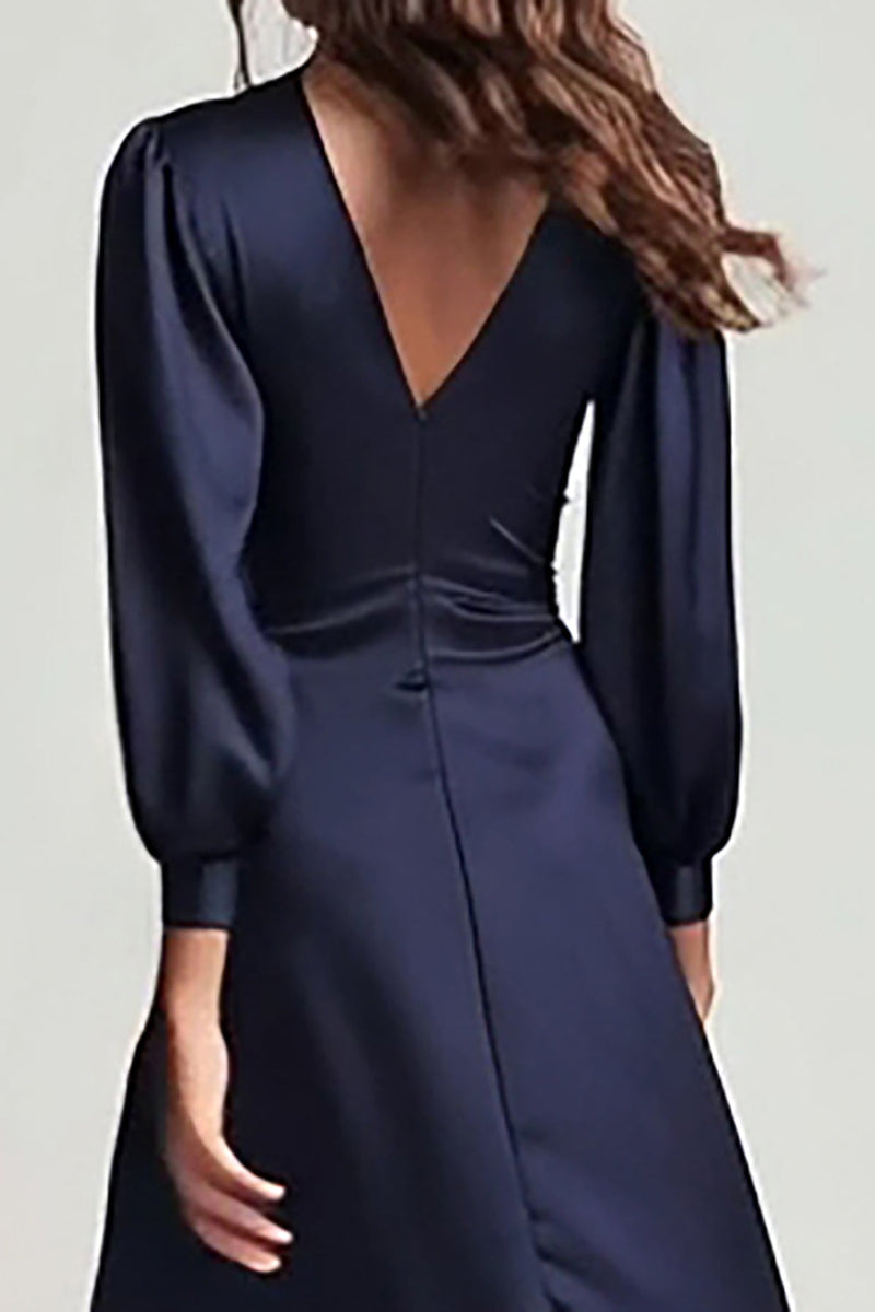 Load image into Gallery viewer, Navy V-Neck Backless Satin Ruched Midi Work Dress with Sleeves