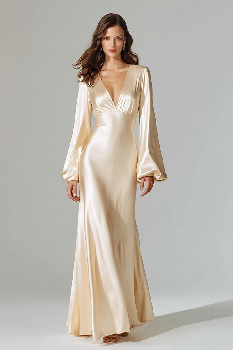 Load image into Gallery viewer, Champagne V-Neck Mermaid Satin Long Sleeves Evening Dress