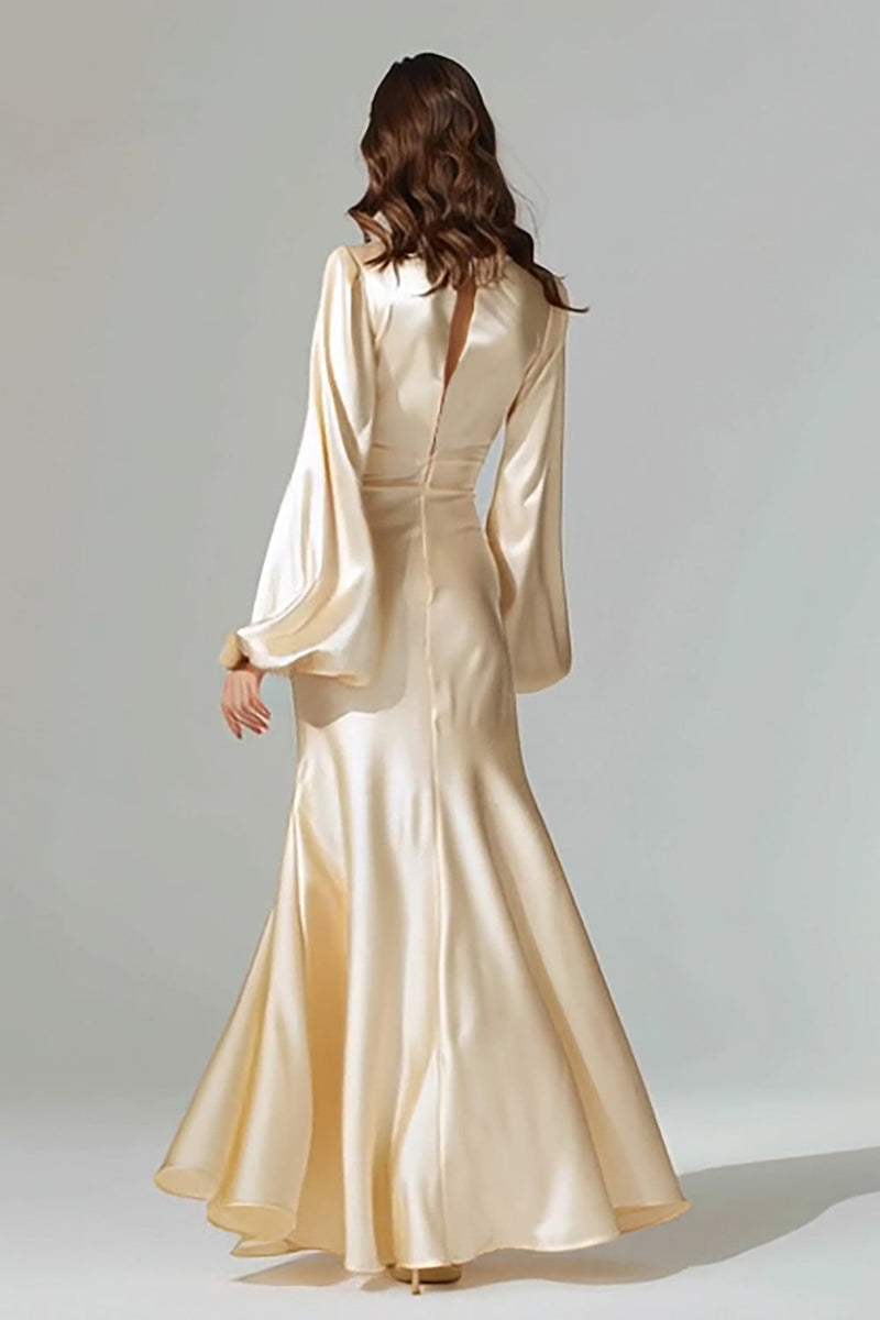 Load image into Gallery viewer, Champagne V-Neck Mermaid Satin Long Sleeves Evening Dress