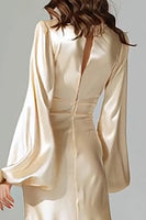 Load image into Gallery viewer, Champagne V-Neck Mermaid Satin Long Sleeves Evening Dress