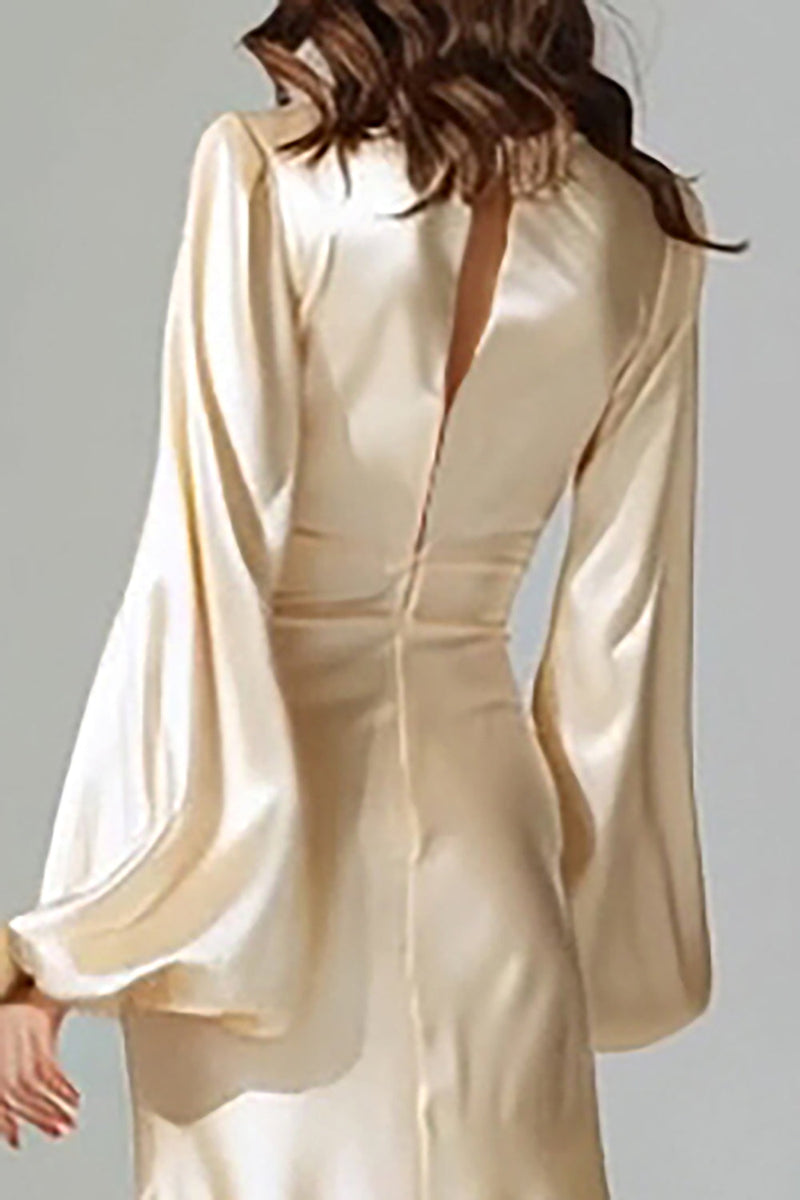 Load image into Gallery viewer, Champagne V-Neck Mermaid Satin Long Sleeves Evening Dress