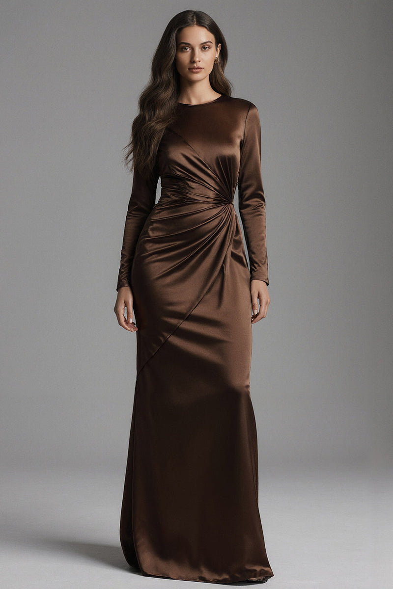 Load image into Gallery viewer, Coffee Crew Neck Mermaid Satin Long Evening Dress