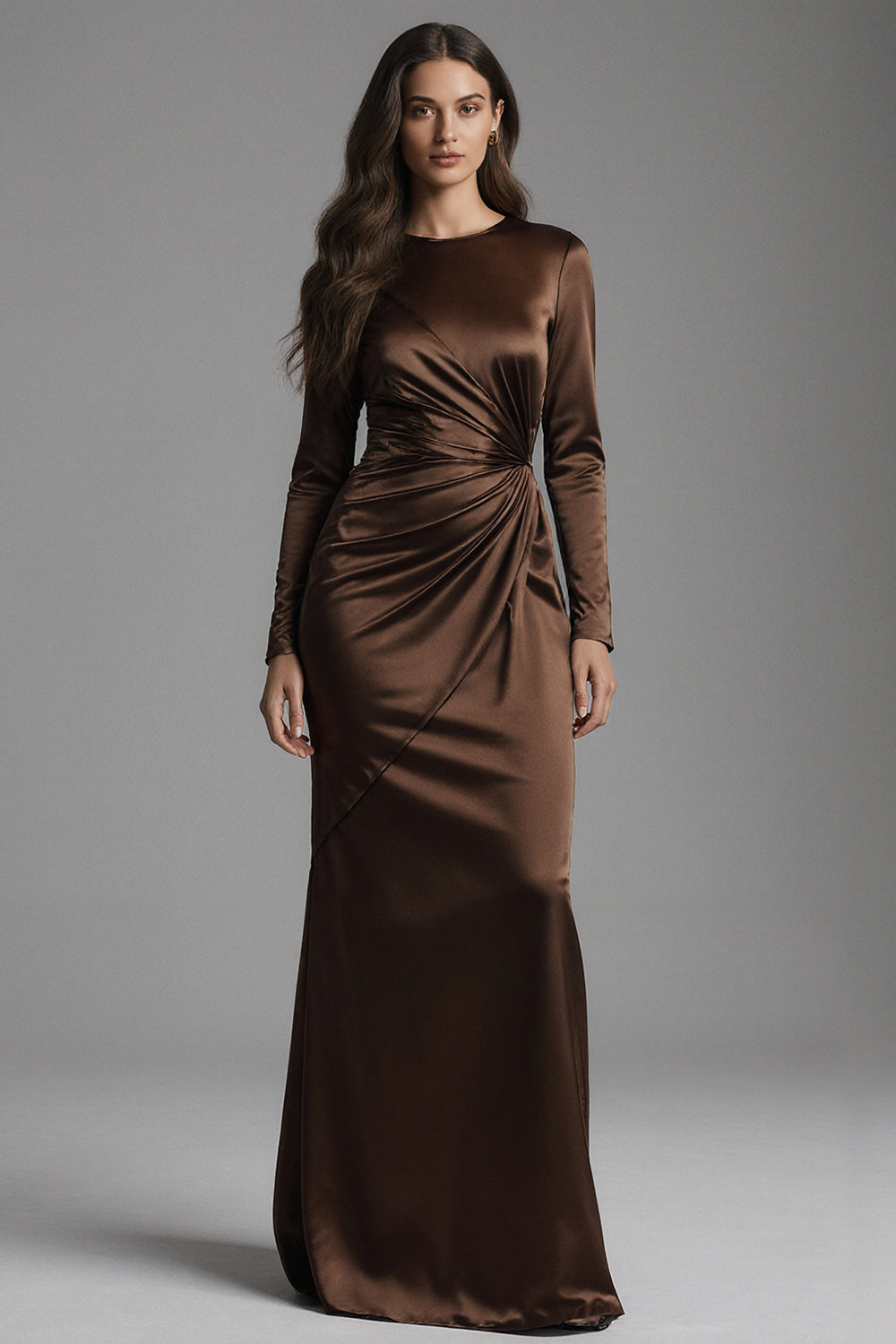 Coffee Crew Neck Mermaid Satin Long Evening Dress