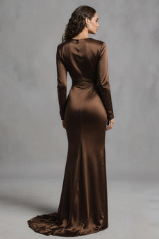 Coffee Crew Neck Mermaid Satin Long Evening Dress
