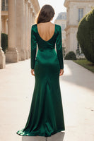 Load image into Gallery viewer, Dark Green V-Neck Mermaid Satin Long Evening Dress with Slit