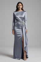 Load image into Gallery viewer, Dusty Blue Satin Mermaid Long Sleeves Evening Dress with Slit