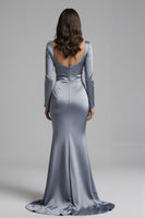 Load image into Gallery viewer, Dusty Blue Satin Mermaid Long Sleeves Evening Dress with Slit